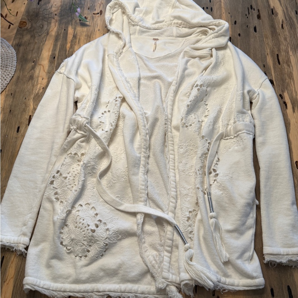 Free People - Cream Lace-Trimmed Hooded Cardigan Sweater